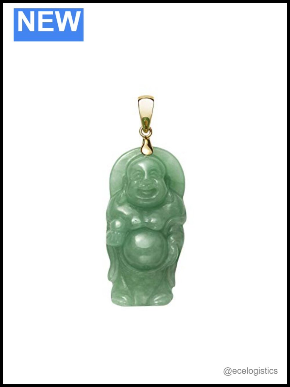 14K Yellow Gold Bail Green Jade Laughing Buddha Pendant